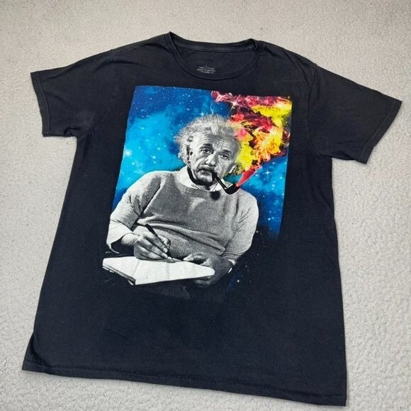 Albert Einstein Shirt Womens Medium Black Smoking Pipe‎ Galaxy Scientist Casual - Picture 2 of 14